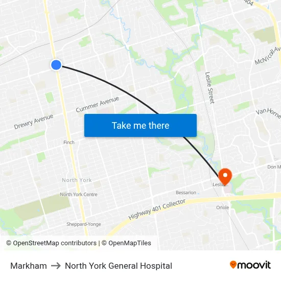 Markham to North York General Hospital map