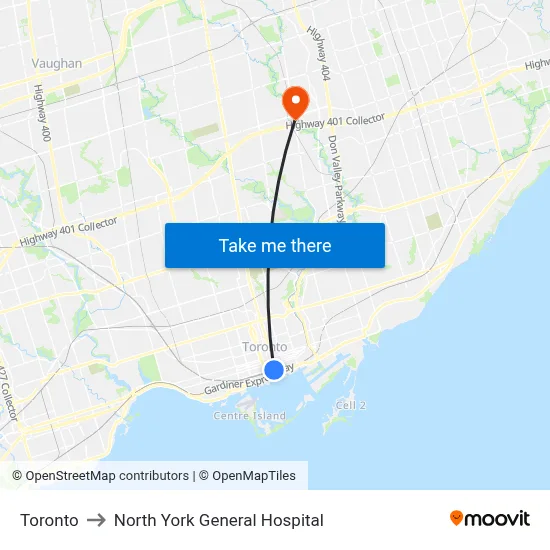 Toronto to North York General Hospital map