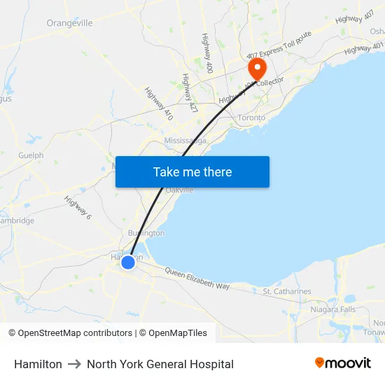 Hamilton to North York General Hospital map