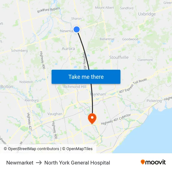Newmarket to North York General Hospital map