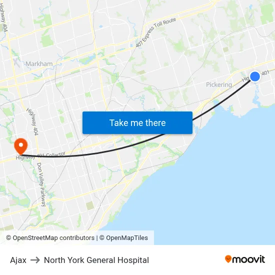 Ajax to North York General Hospital map
