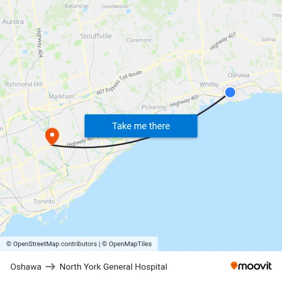 Oshawa to North York General Hospital map