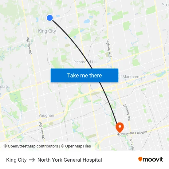 King City to North York General Hospital map
