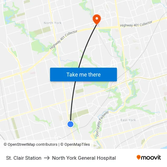St. Clair Station to North York General Hospital map