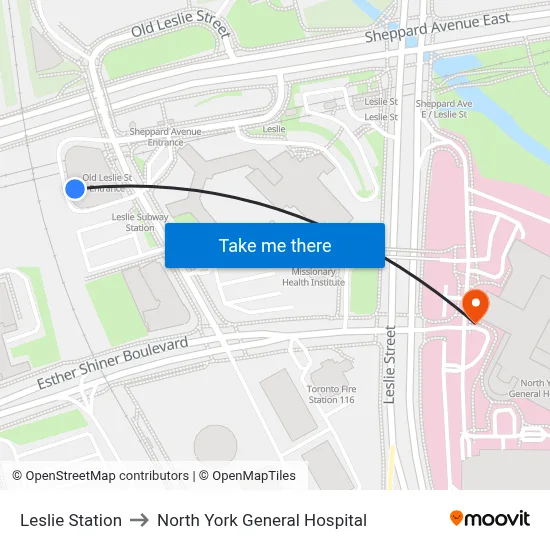 Leslie Station to North York General Hospital map