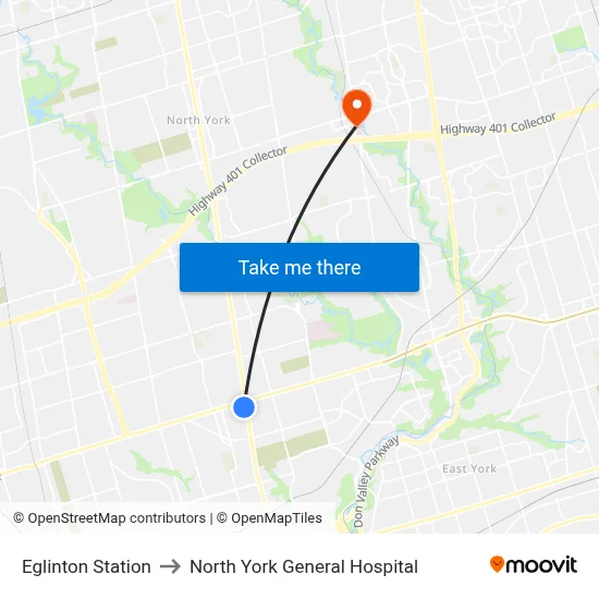 Eglinton Station to North York General Hospital map