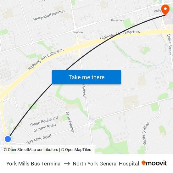 York Mills Bus Terminal to North York General Hospital map