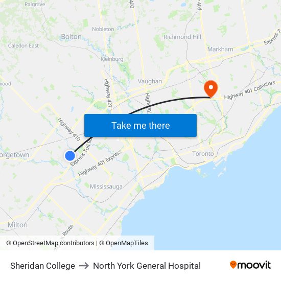 Sheridan College to North York General Hospital map