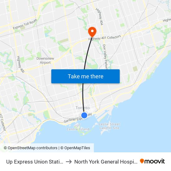 Up Express Union Station to North York General Hospital map