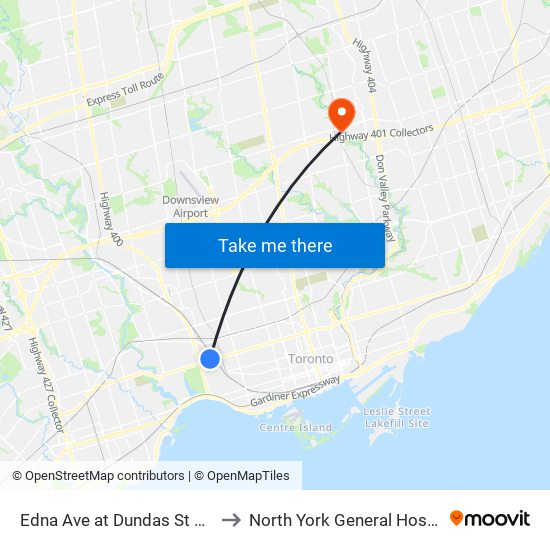 Edna Ave at Dundas St West to North York General Hospital map