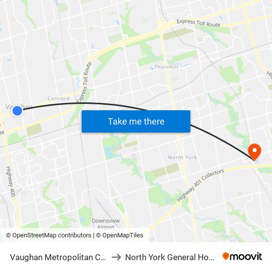 Vaughan Metropolitan Centre to North York General Hospital map