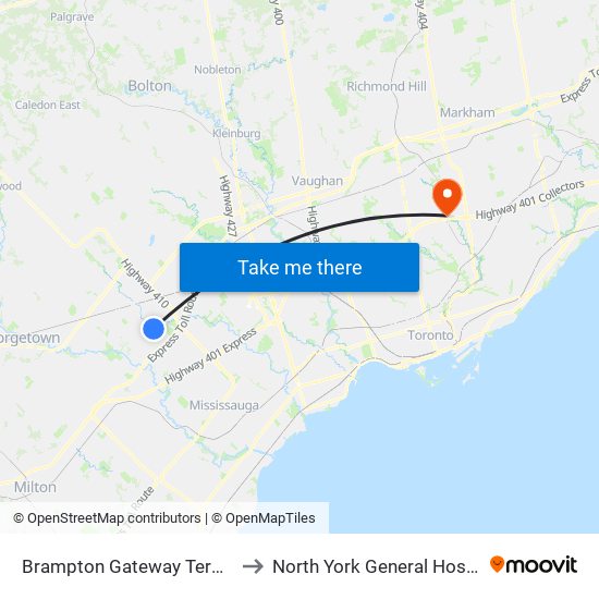 Brampton Gateway Terminal to North York General Hospital map