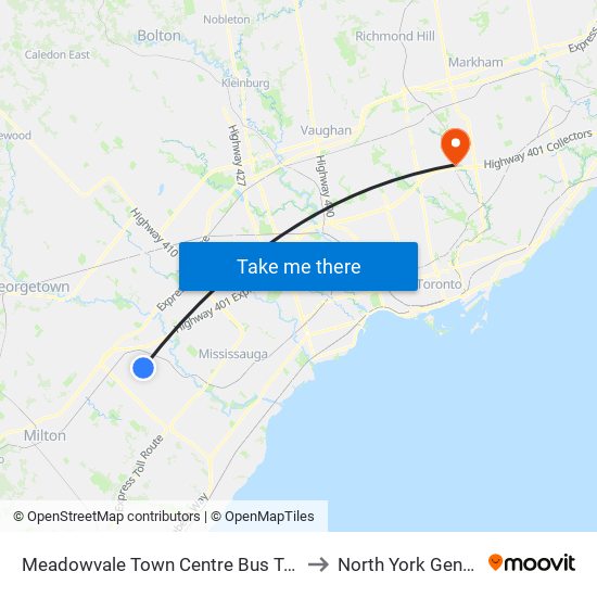 Meadowvale Town Centre Bus Terminal Platform H, I, J to North York General Hospital map