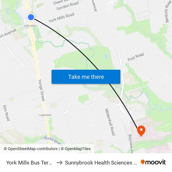York Mills Bus Terminal to Sunnybrook Health Sciences Centre map