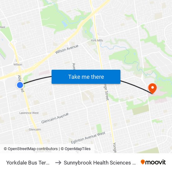 Yorkdale Bus Terminal to Sunnybrook Health Sciences Centre map