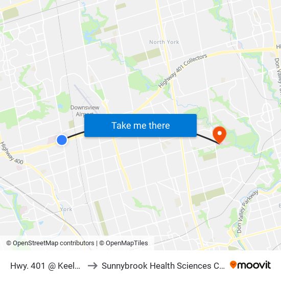 Hwy. 401 @ Keele St. to Sunnybrook Health Sciences Centre map