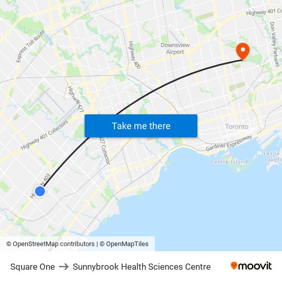 Square One to Sunnybrook Health Sciences Centre map