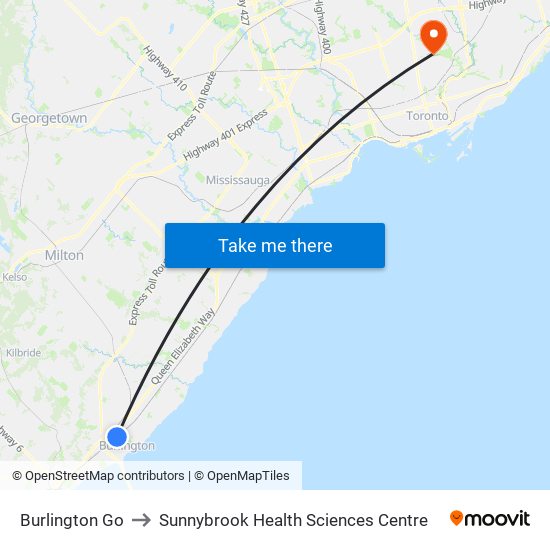 Burlington Go to Sunnybrook Health Sciences Centre map