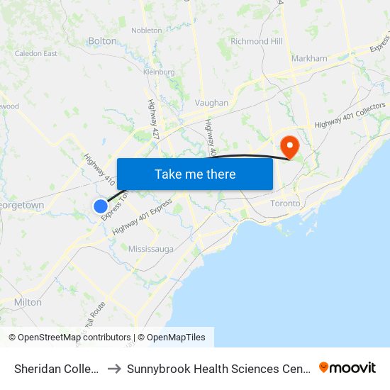 Sheridan College to Sunnybrook Health Sciences Centre map