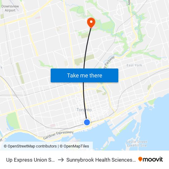 Up Express Union Station to Sunnybrook Health Sciences Centre map