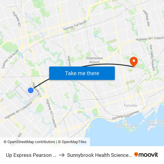 Up Express Pearson Airport to Sunnybrook Health Sciences Centre map