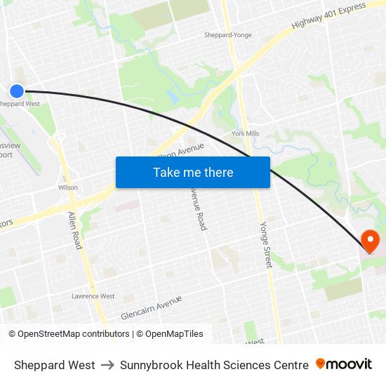 Sheppard West to Sunnybrook Health Sciences Centre map