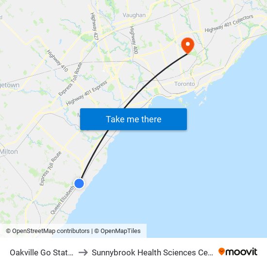 Oakville Go Station to Sunnybrook Health Sciences Centre map