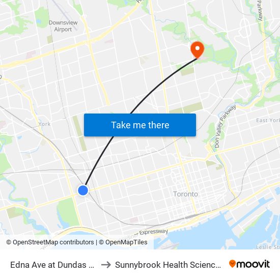 Edna Ave at Dundas St West to Sunnybrook Health Sciences Centre map