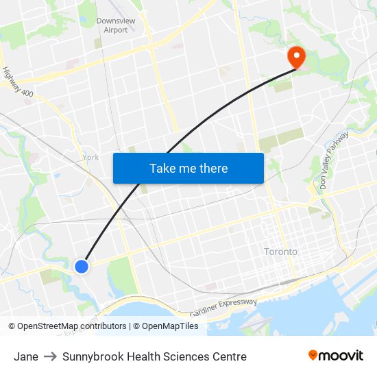 Jane to Sunnybrook Health Sciences Centre map