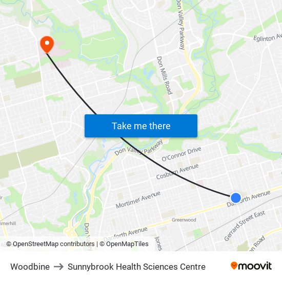 Woodbine to Sunnybrook Health Sciences Centre map