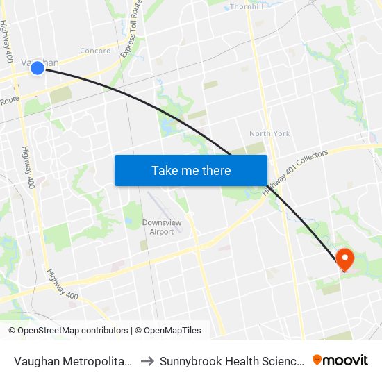 Vaughan Metropolitan Centre to Sunnybrook Health Sciences Centre map