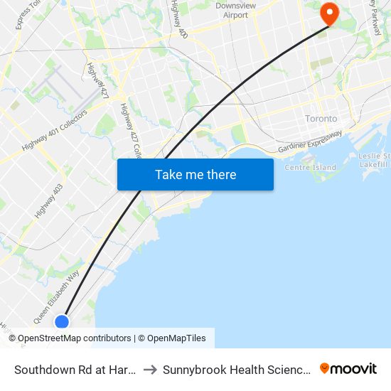 Southdown Rd at Hartland Dr to Sunnybrook Health Sciences Centre map