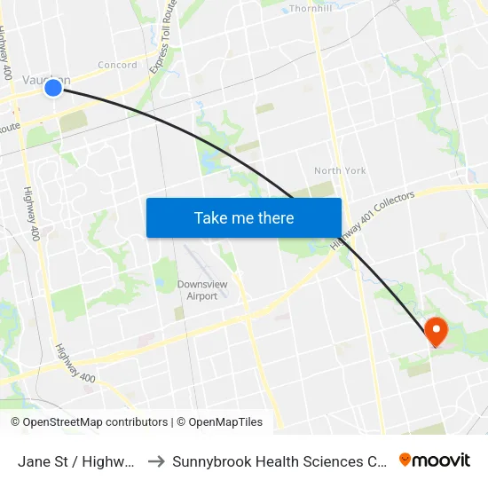 Jane St / Highway 7 to Sunnybrook Health Sciences Centre map