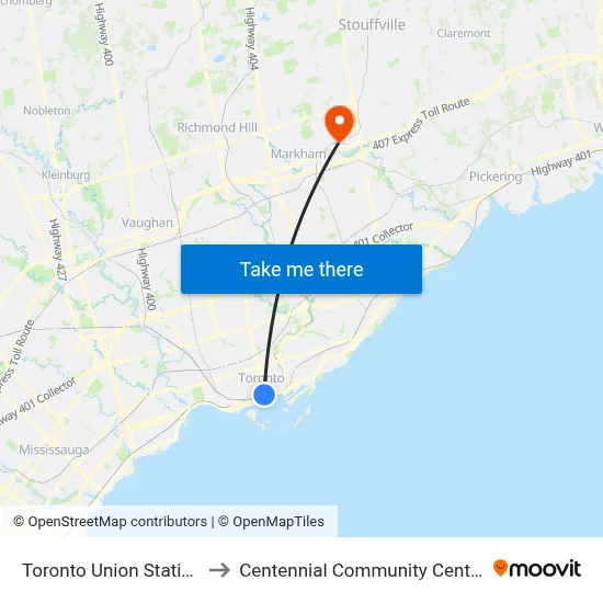 Toronto Union Station to Centennial Community Centre map