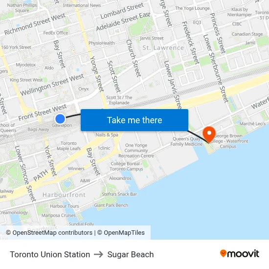 Toronto Union Station to Sugar Beach map