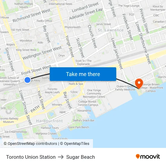 Toronto Union Station to Sugar Beach map