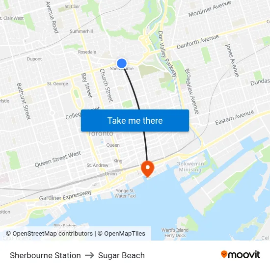 Sherbourne Station to Sugar Beach map