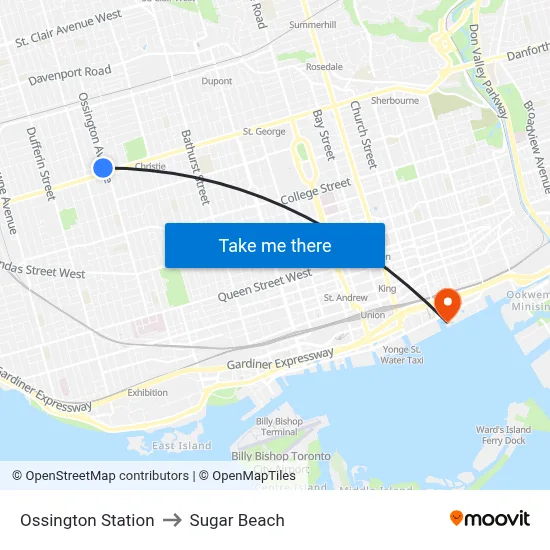 Ossington Station to Sugar Beach map