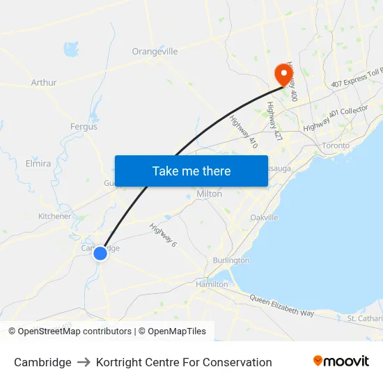 Cambridge to Kortright Centre For Conservation map