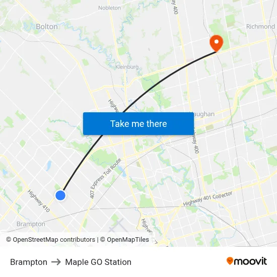 Brampton to Maple GO Station map