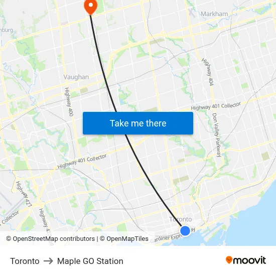 Toronto to Maple GO Station map
