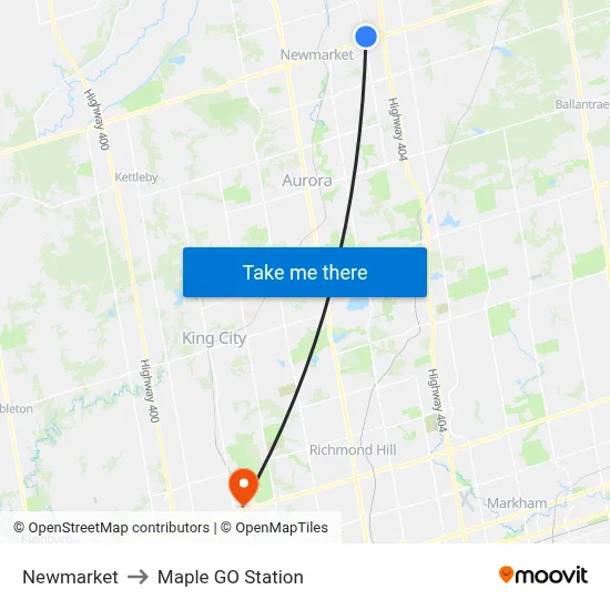 Newmarket to Maple GO Station map