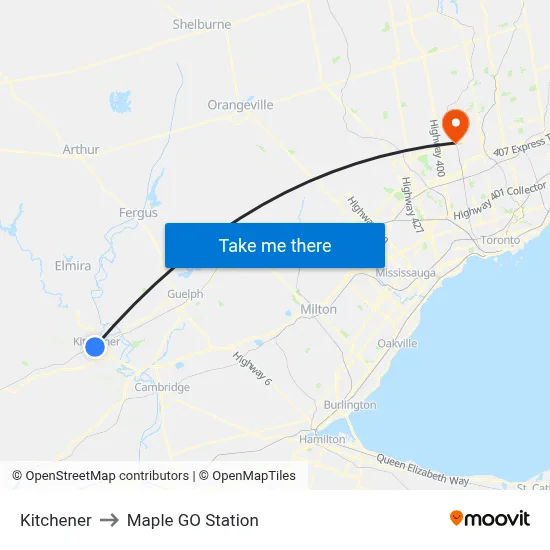 Kitchener to Maple GO Station map