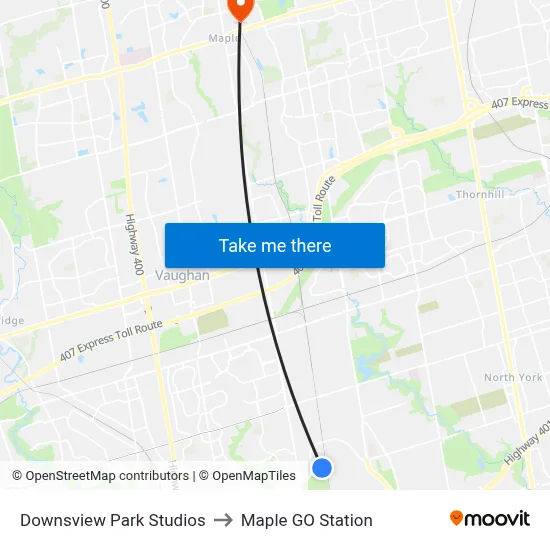 Downsview Park Studios to Maple GO Station map