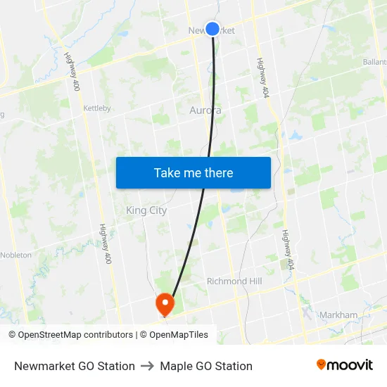 Newmarket GO Station to Maple GO Station map