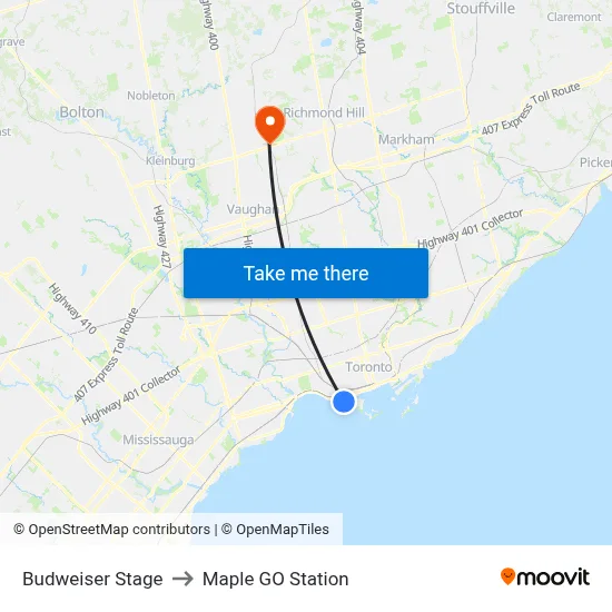 Budweiser Stage to Maple GO Station map