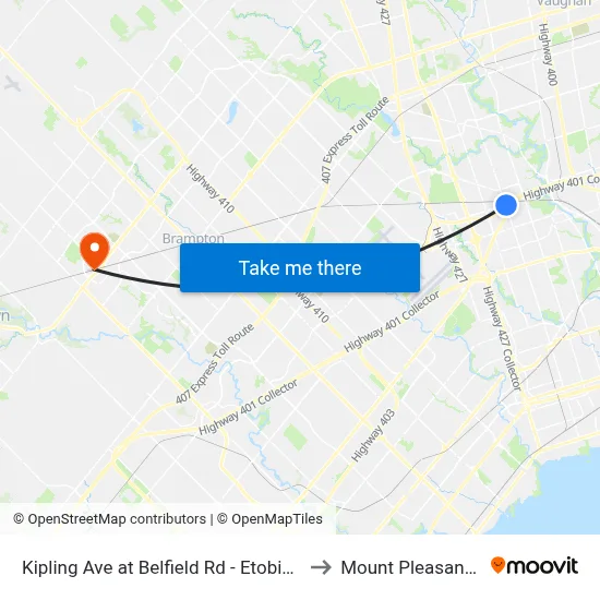 Kipling Ave at Belfield Rd - Etobicoke North Go Station to Mount Pleasant GO Station map