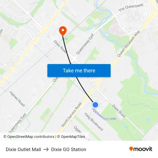 Dixie Outlet Mall to Dixie GO Station map