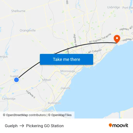 Guelph to Pickering GO Station map