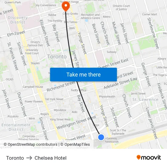 Toronto to Chelsea Hotel map